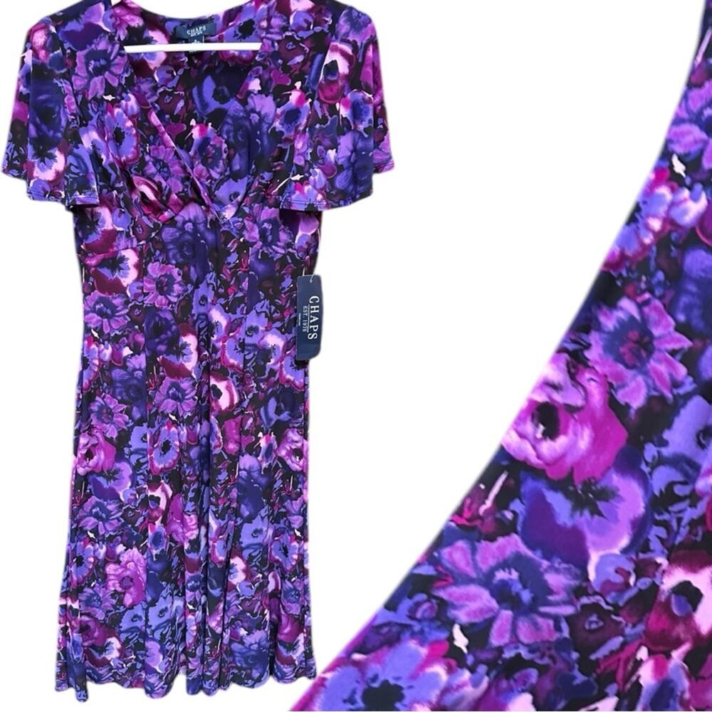 Chaps NWT floral Purple Short Sleeve Flutter Bodycon Dress Retail 90.00